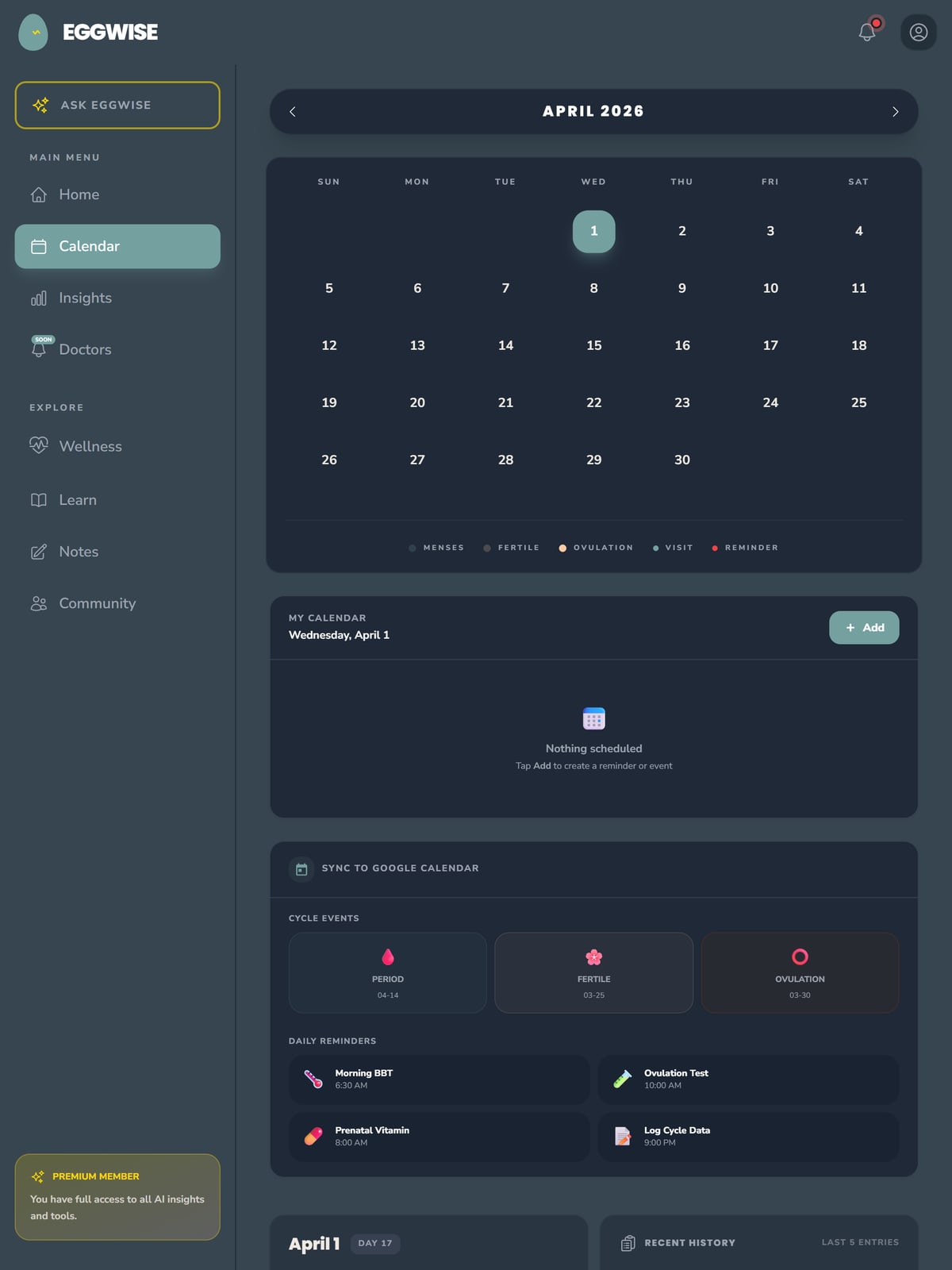 EggWise iPad — Cycle calendar with phase visualization