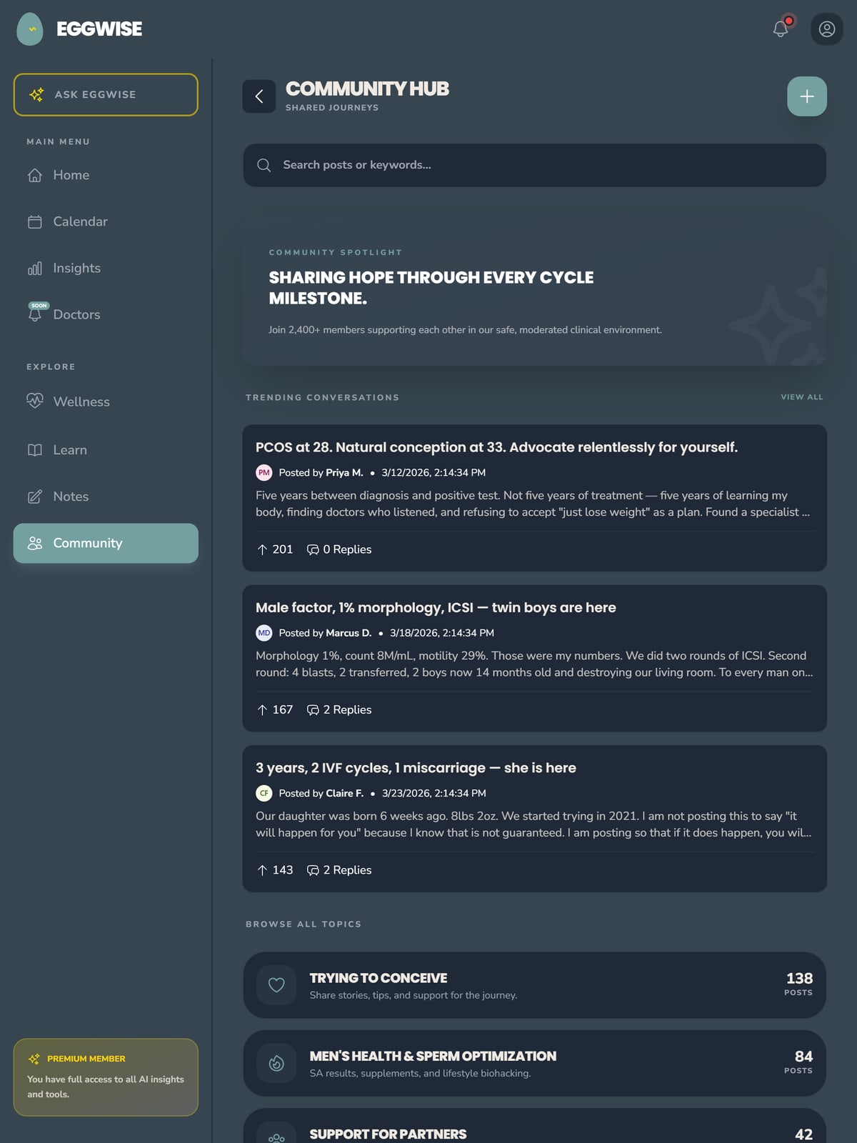 EggWise iPad — Community forums for peer support across TTC, IVF, PCOS, and more