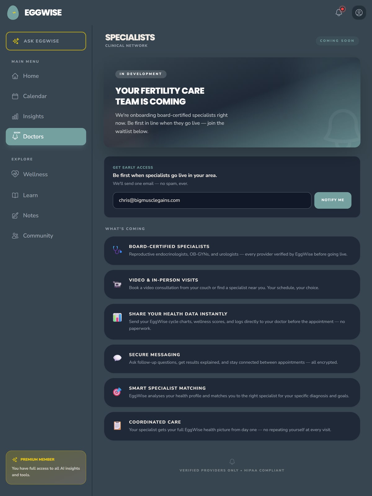 EggWise iPad — Specialist marketplace browsing fertility doctors