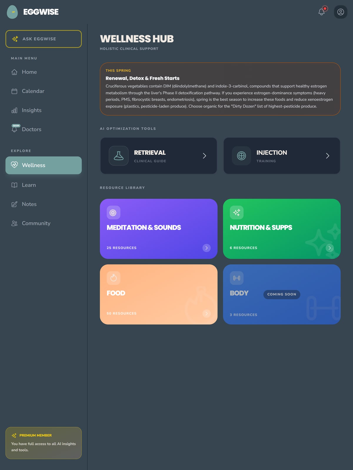 EggWise iPad — Wellness hub with meditations, recipes, and movement